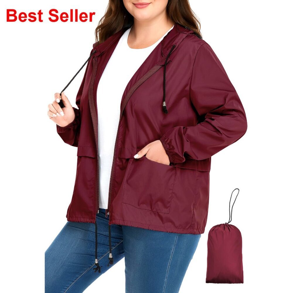 Plus Size Waterproof Rain Jacket Lightweight Packable Hooded Windbreaker